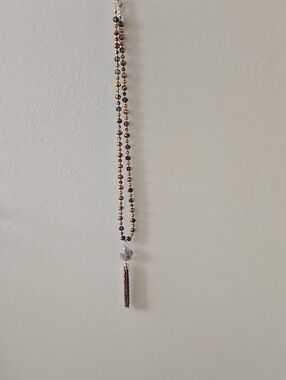 Beaded Tassel Pendant Necklace in Brown and Gold